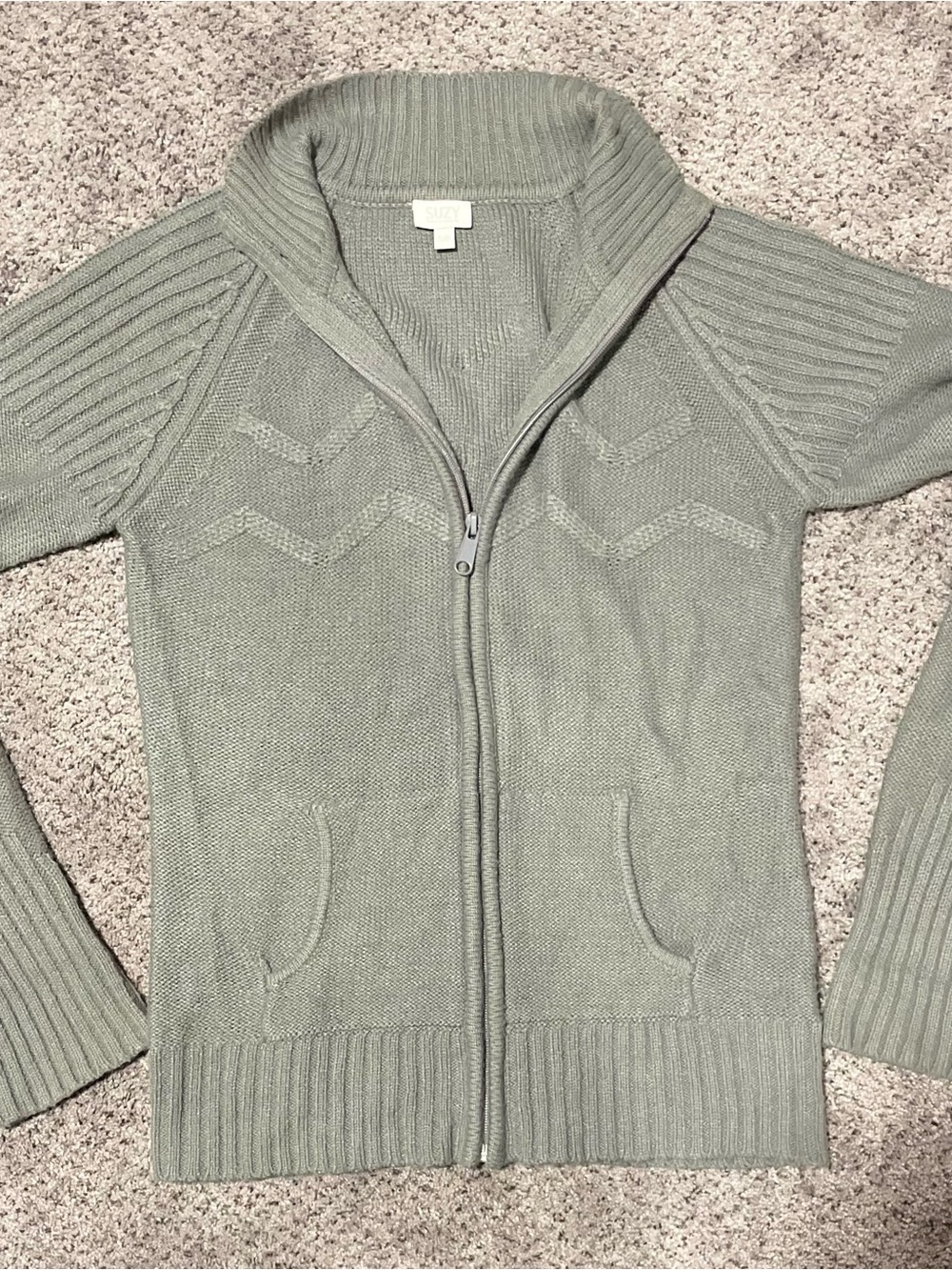 Y2K Suzy Shier Grey Knit Zip-Up Cardigan Sweater
